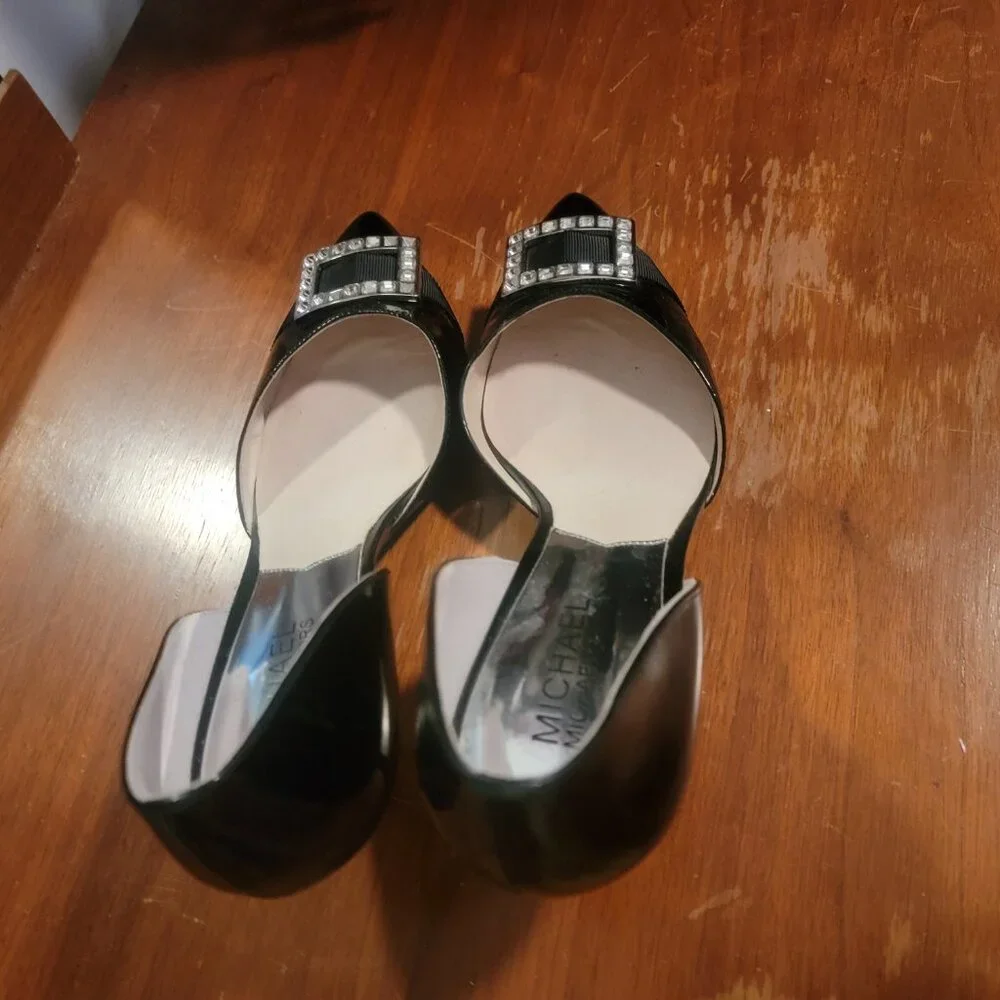 Michael Kors SHIRLEY Black Patent Leather D' Orsay Gem Buckle Heels Shoes FLAWS!
